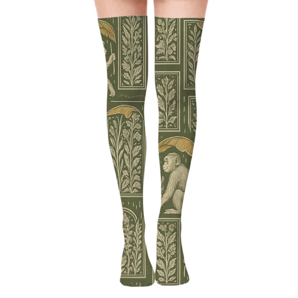Botanical Tiles With Monkey Scene stylish fashion over-the-knee socks