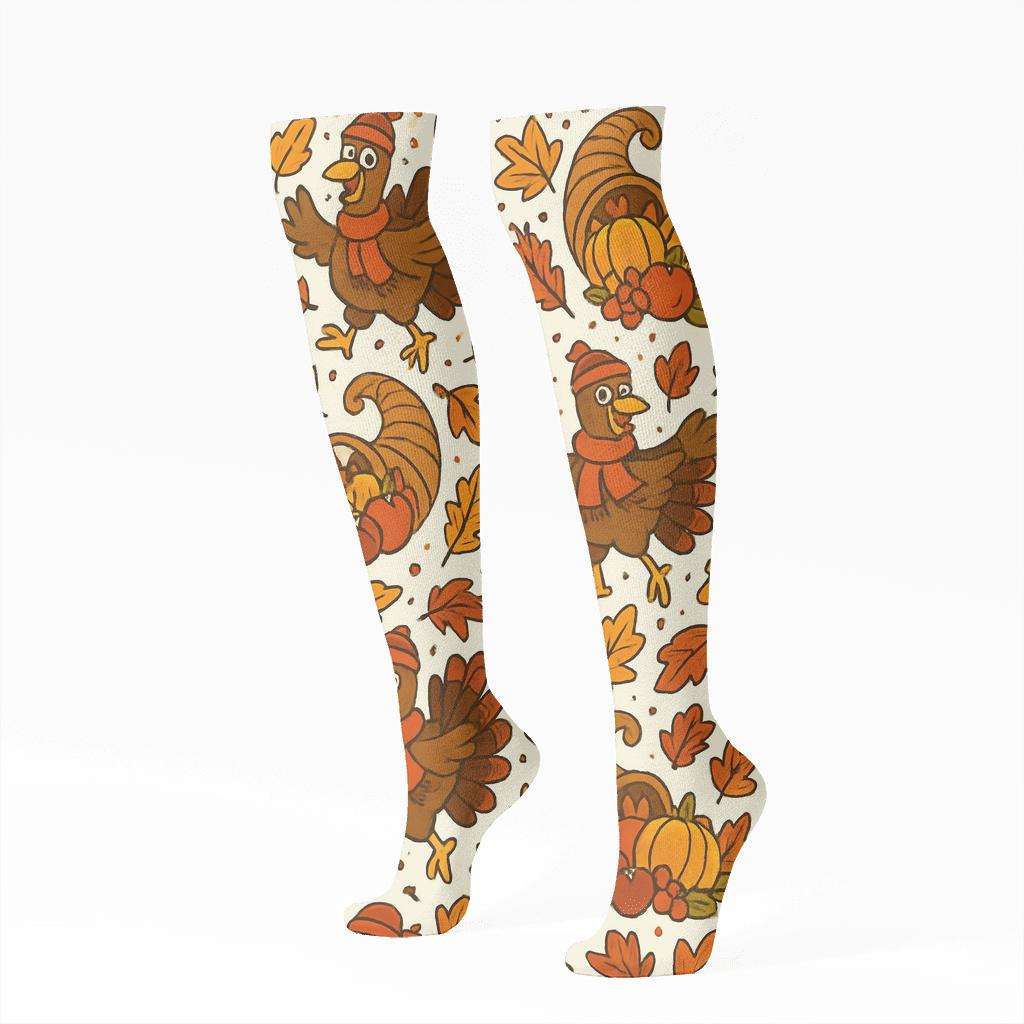 Harvest Party Tiles With Dancing Turkey unique graphic knee-high socks