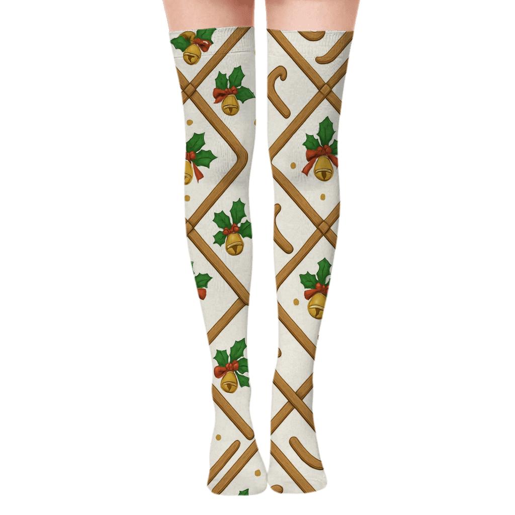 Runner Chevron With Sleigh Bells Repeat premium cozy over-the-knee socks