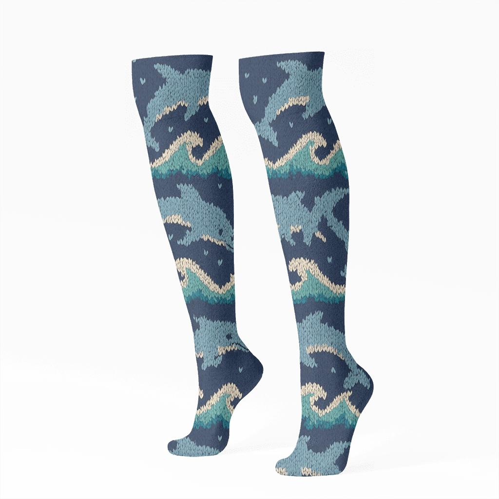 Knitted Wave Bands With Dolphin Motifs comfortable cotton knee-high socks