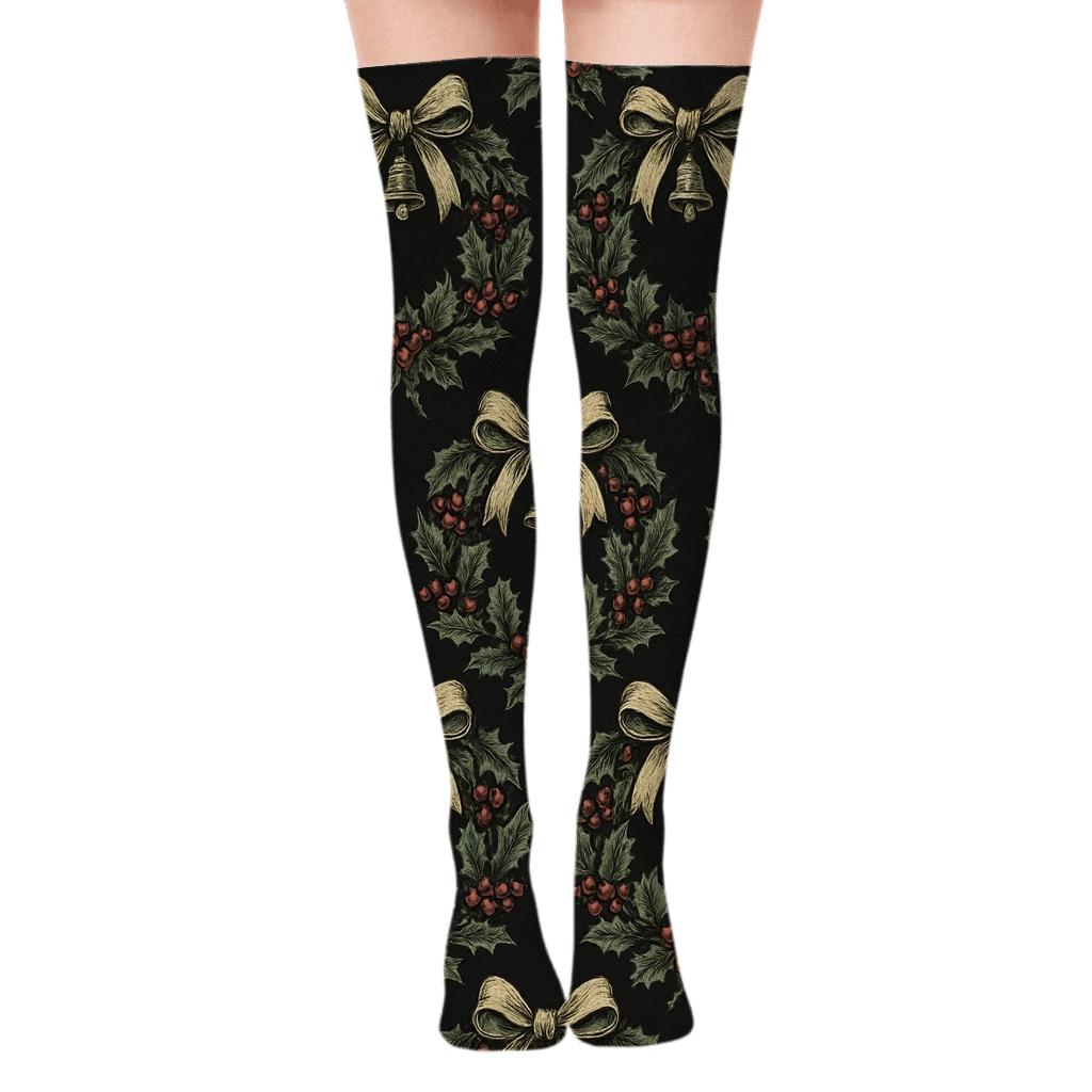 Vintage Poster Look Holly And Ribbon Wreath Array unique graphic over-the-knee socks
