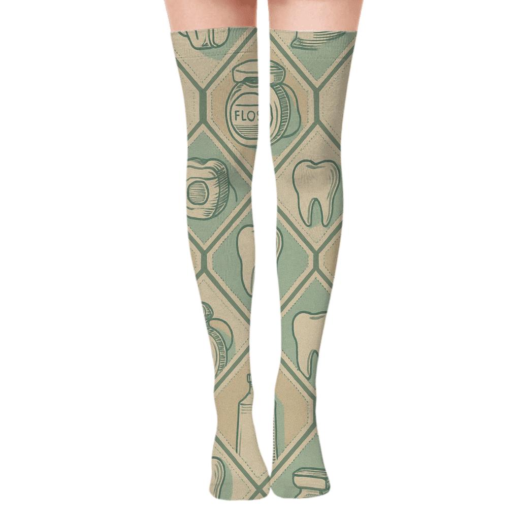 Vintage Study Tiles With Dentist Instruments trendy patterned over-the-knee socks