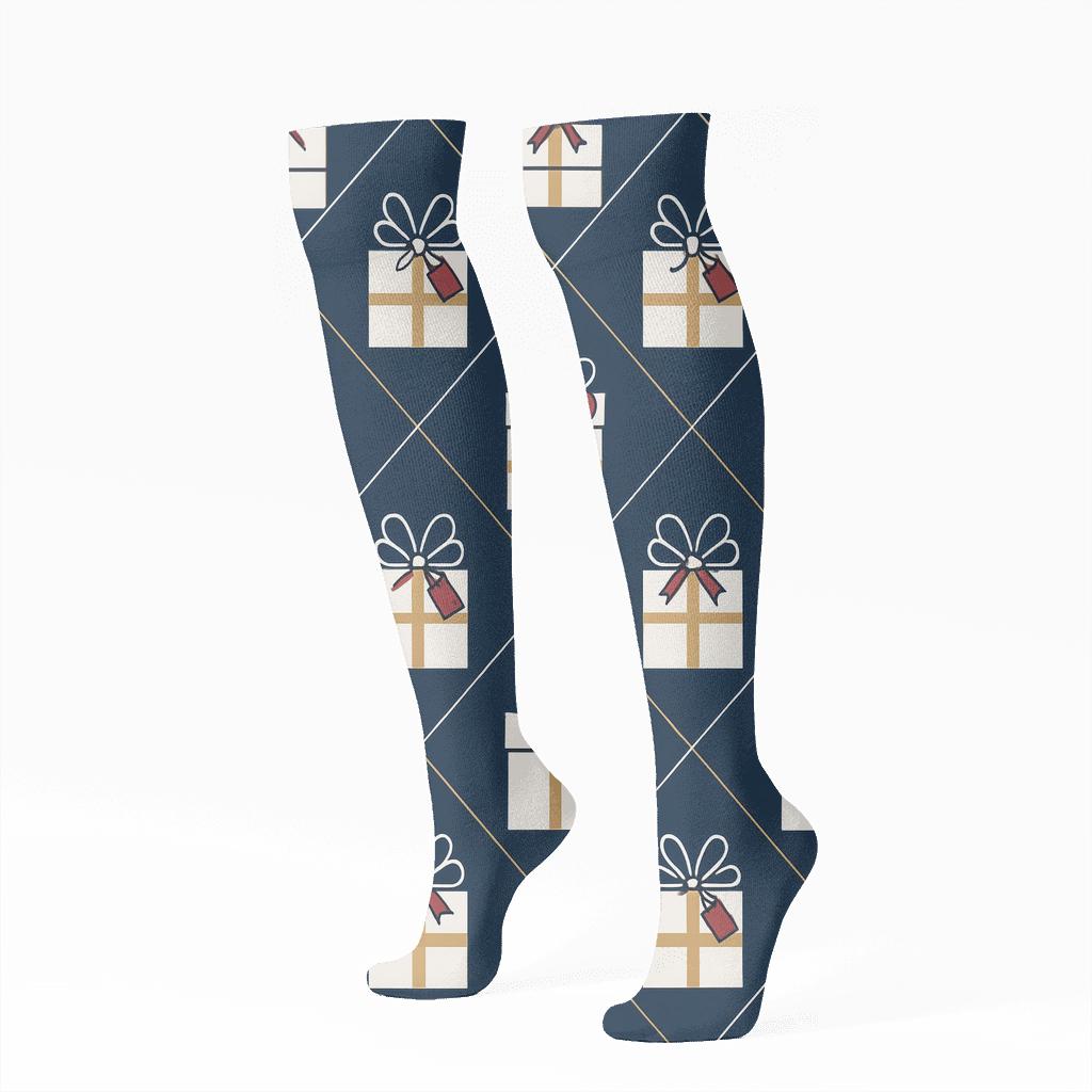 Ribbon Stripe Lattice With Presents Interior soft everyday knee-high socks