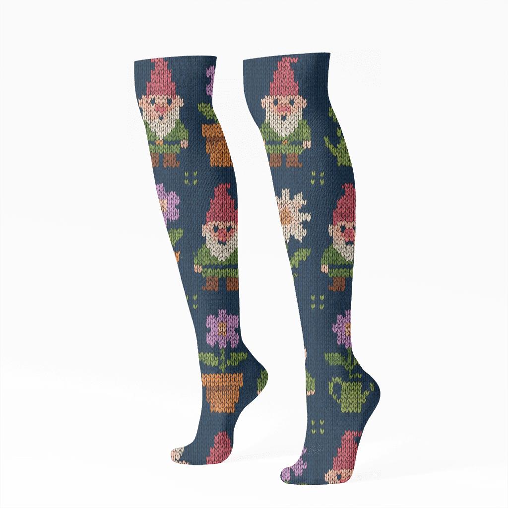 Knitted Pattern Illusion Garden Gnome Rows, Gardener Grade stylish athletic knee-high socks