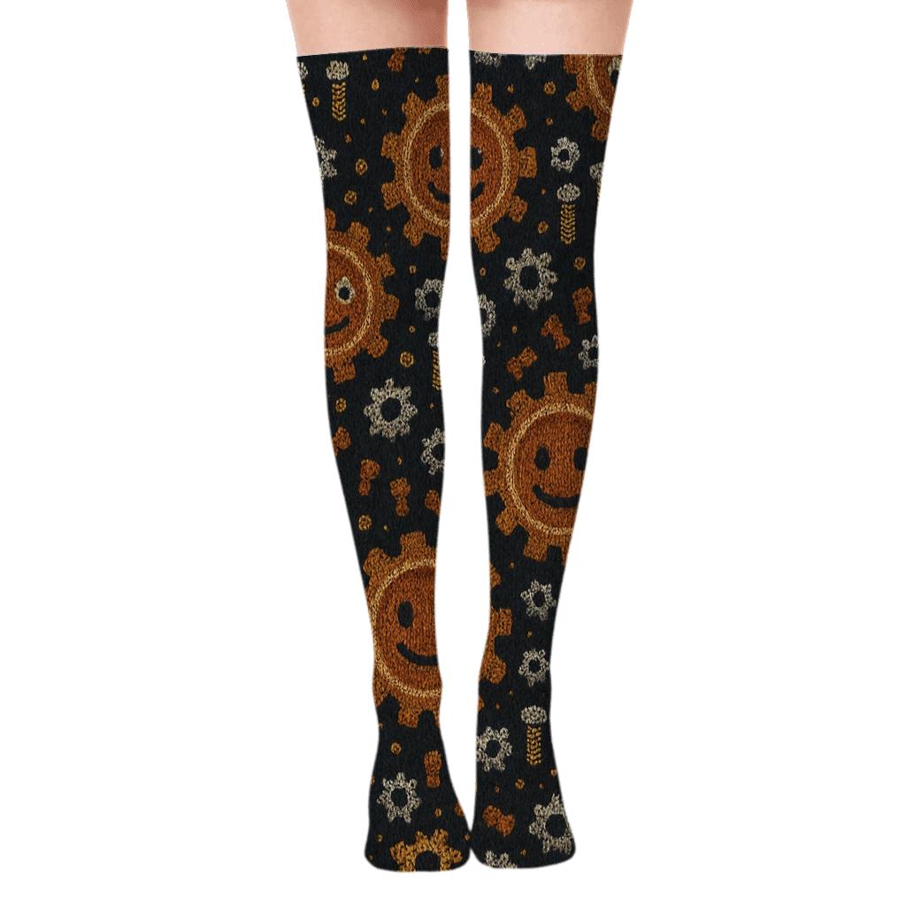 Mechanic Gear Garden Knit Illusion unique graphic over-the-knee socks