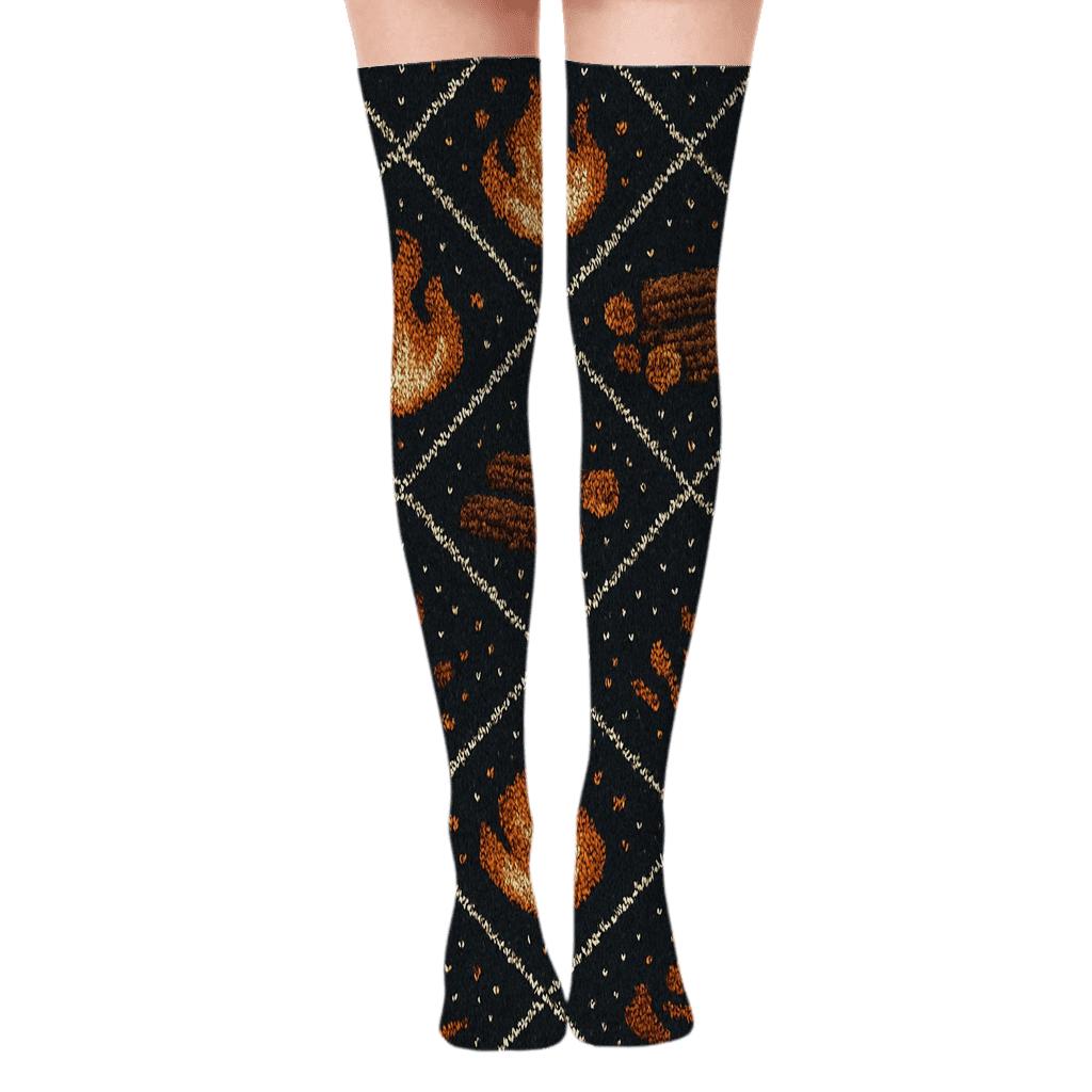 Fireplace Knitted Ember And Log Tessellation comfortable cotton over-the-knee socks