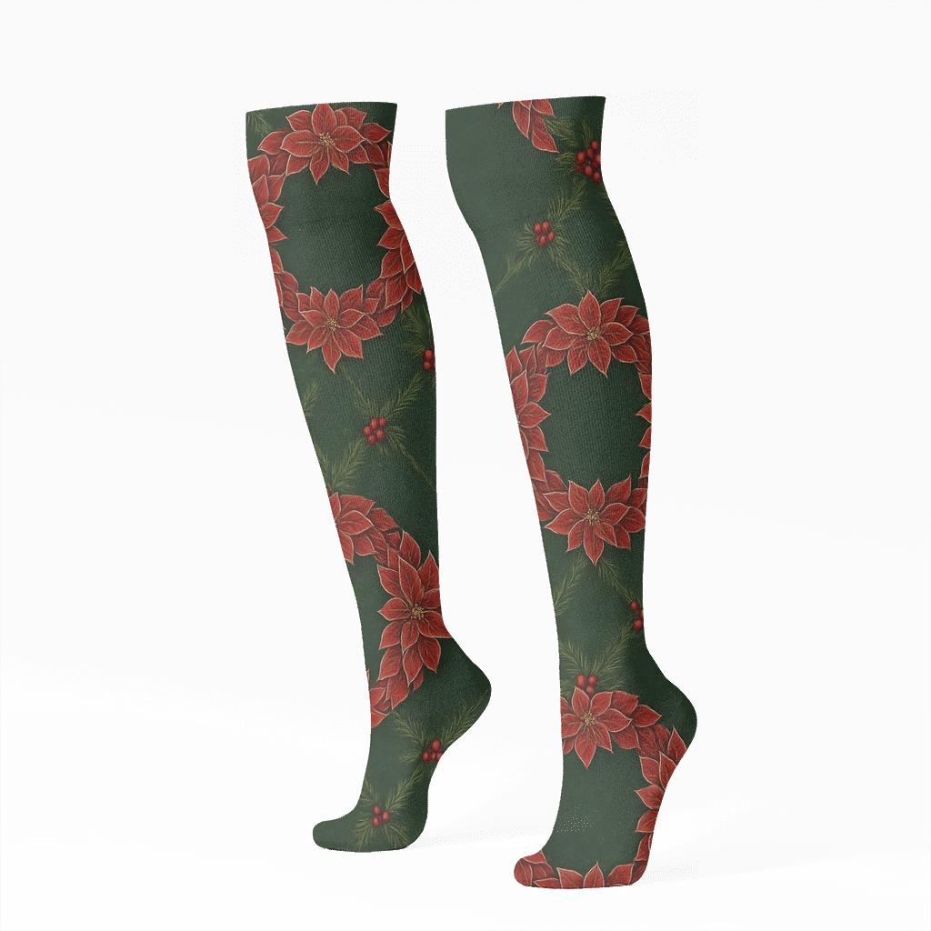 Poinsettia Wreath Lattice On Deep Green Velvet Field unique graphic knee-high socks