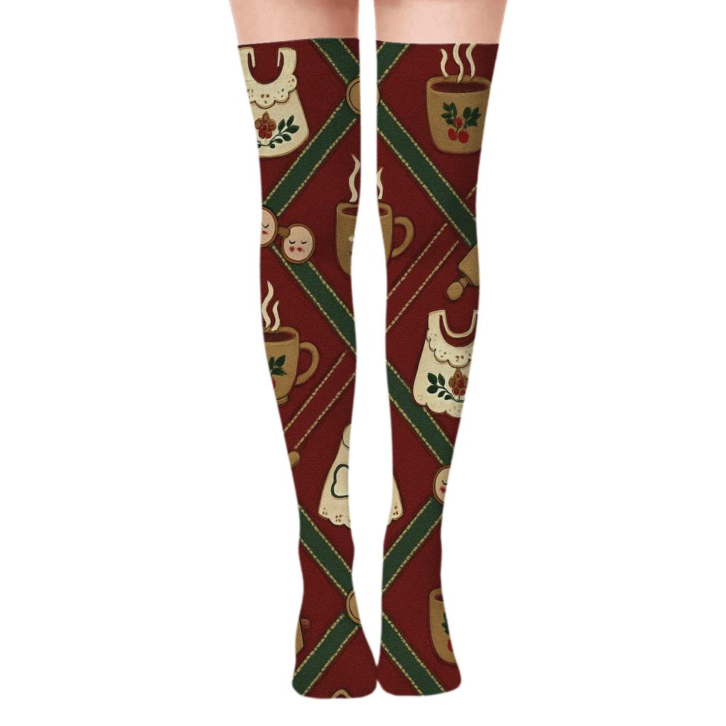 Apron Lattice Mrs. Claus Baking Repeat designer print over-the-knee socks