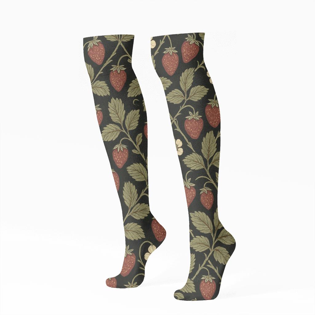 Midnight Strawberry Leaf Lattice On Black Background premium sports knee-high socks