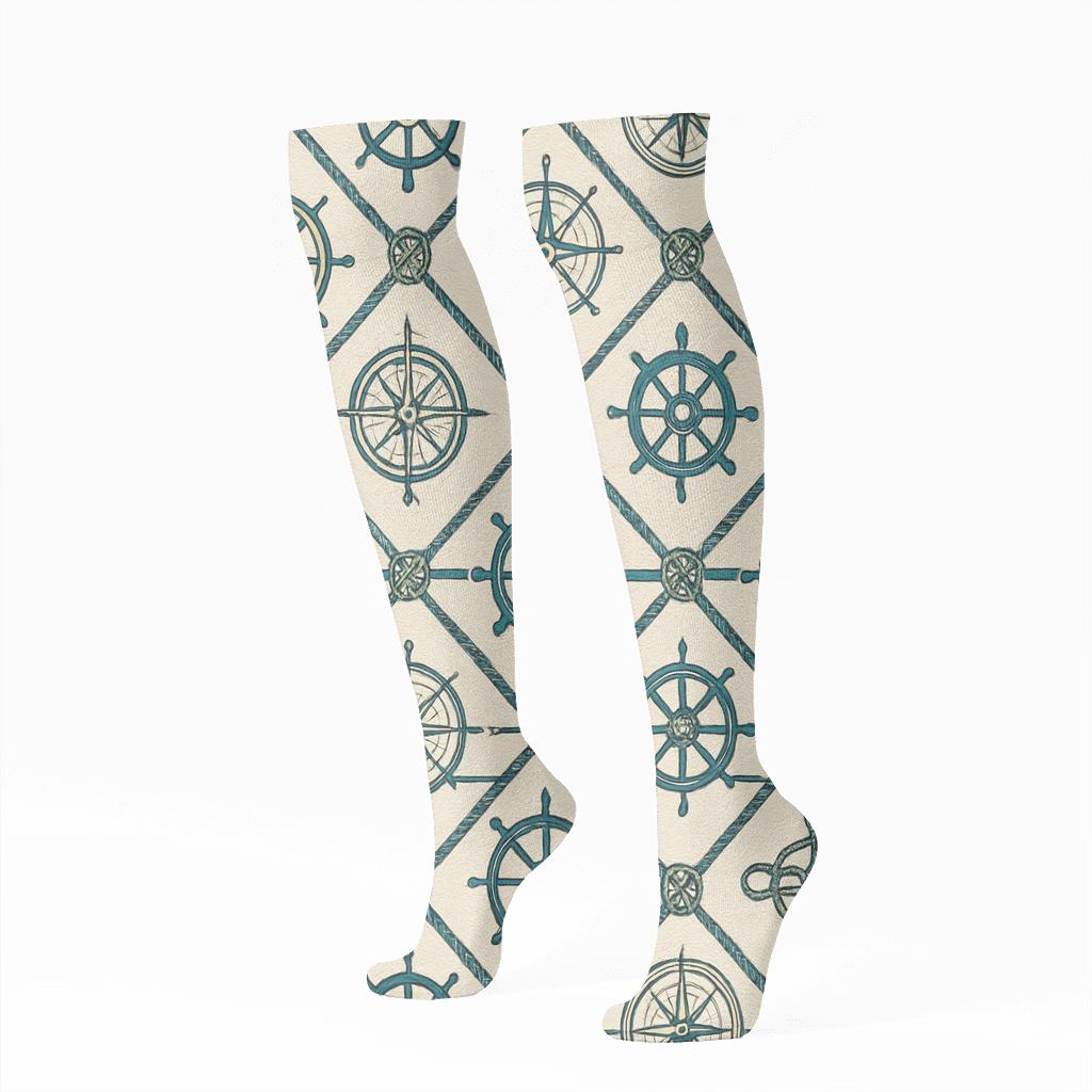 Ship Captain Helm And Compass Lattice In Regatta Blues premium sports knee-high socks