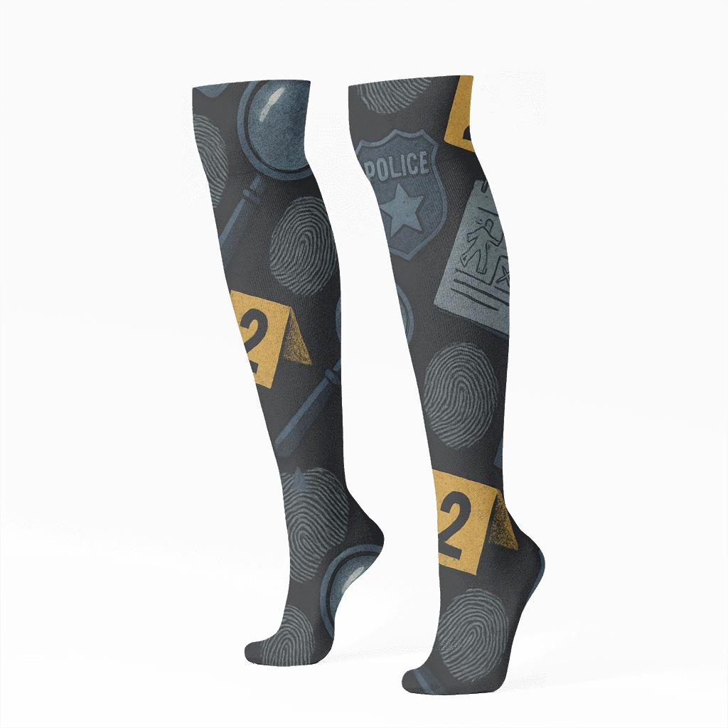Noir Evidence Collage With Police Detective Accents trendy patterned knee-high socks