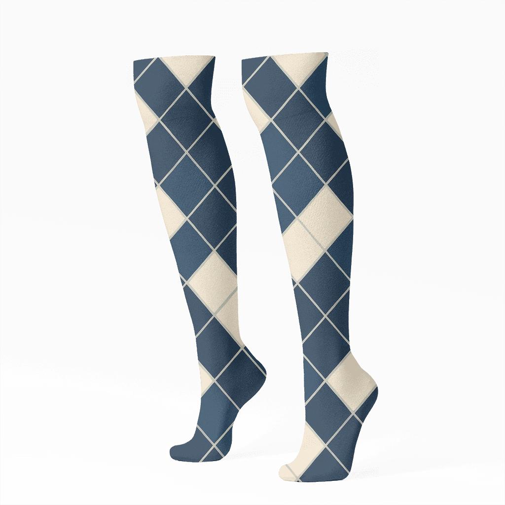 Indigo Diamond Check Gradient Tiles On Warm Ivory personalized knee-high socks