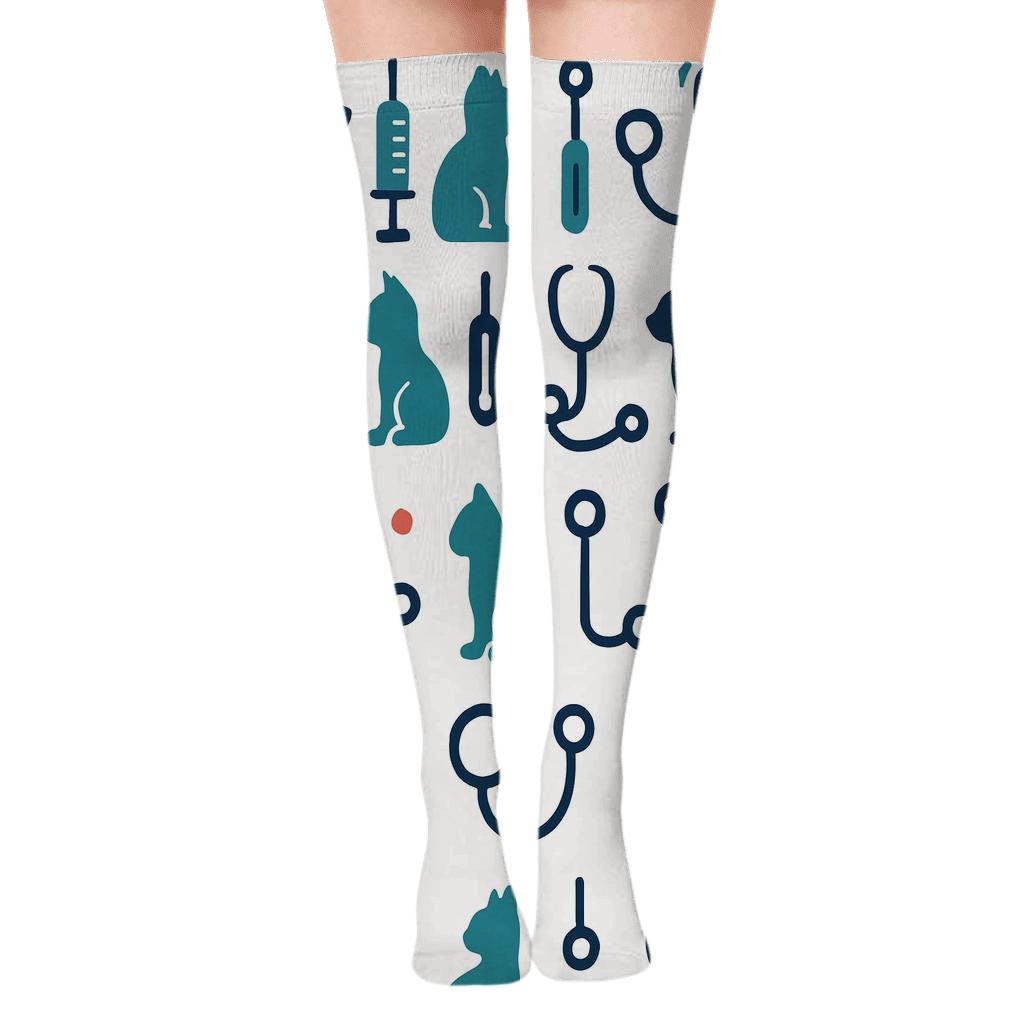 Dog And Cat Icons With Veterinarian Tools Grid designer print over-the-knee socks