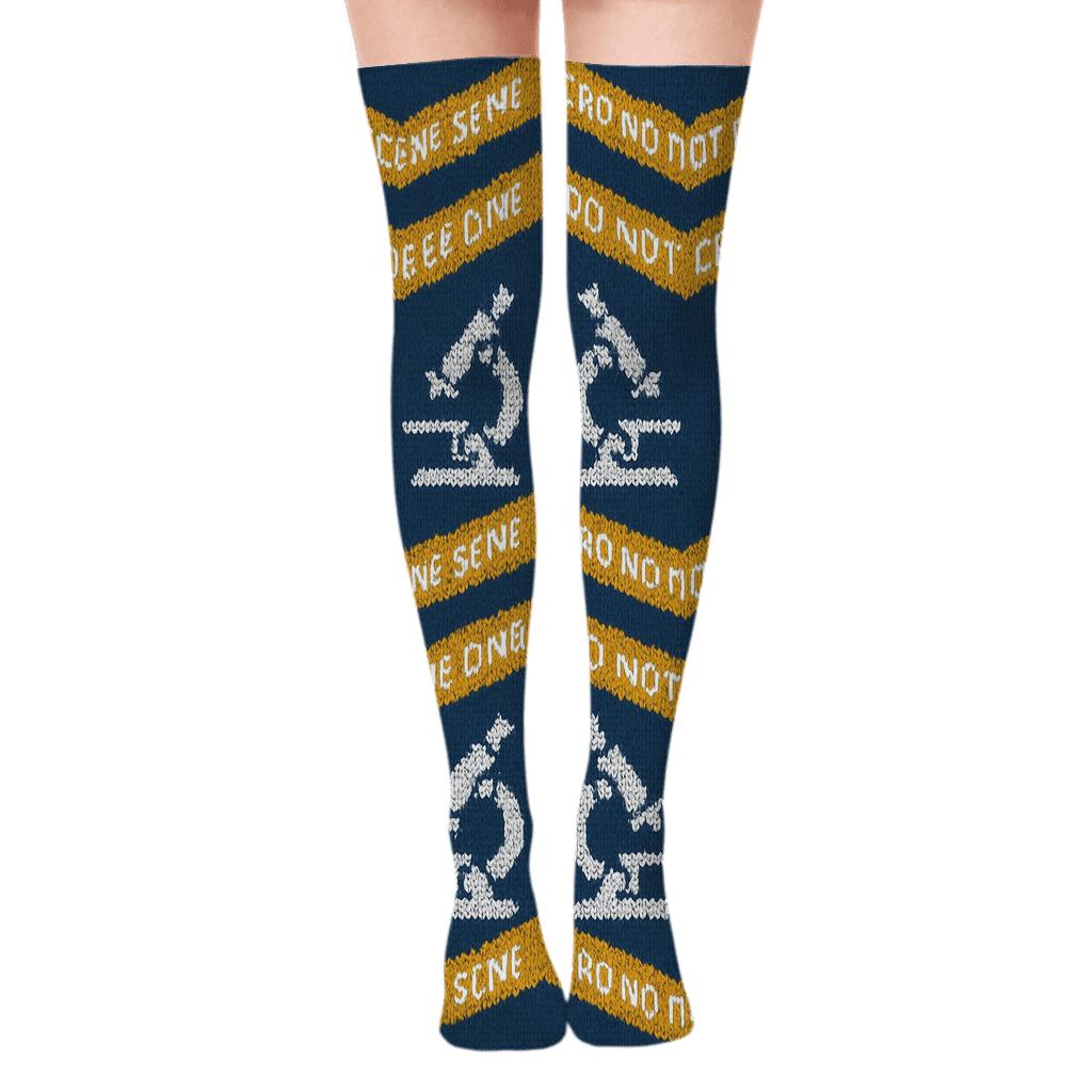 Knitted Illusion Crime Scene Tape With Forensic Scientist designer print over-the-knee socks