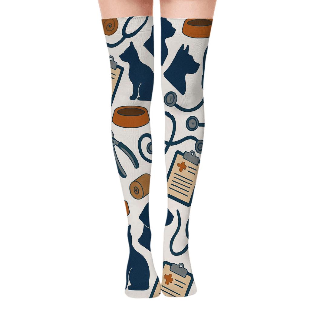Veterinary Collage Pattern With Technician Tools personalized over-the-knee socks