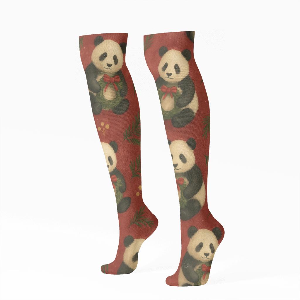 Watercolor Panda Wreath Scatter On Deep Red Background trendy patterned knee-high socks