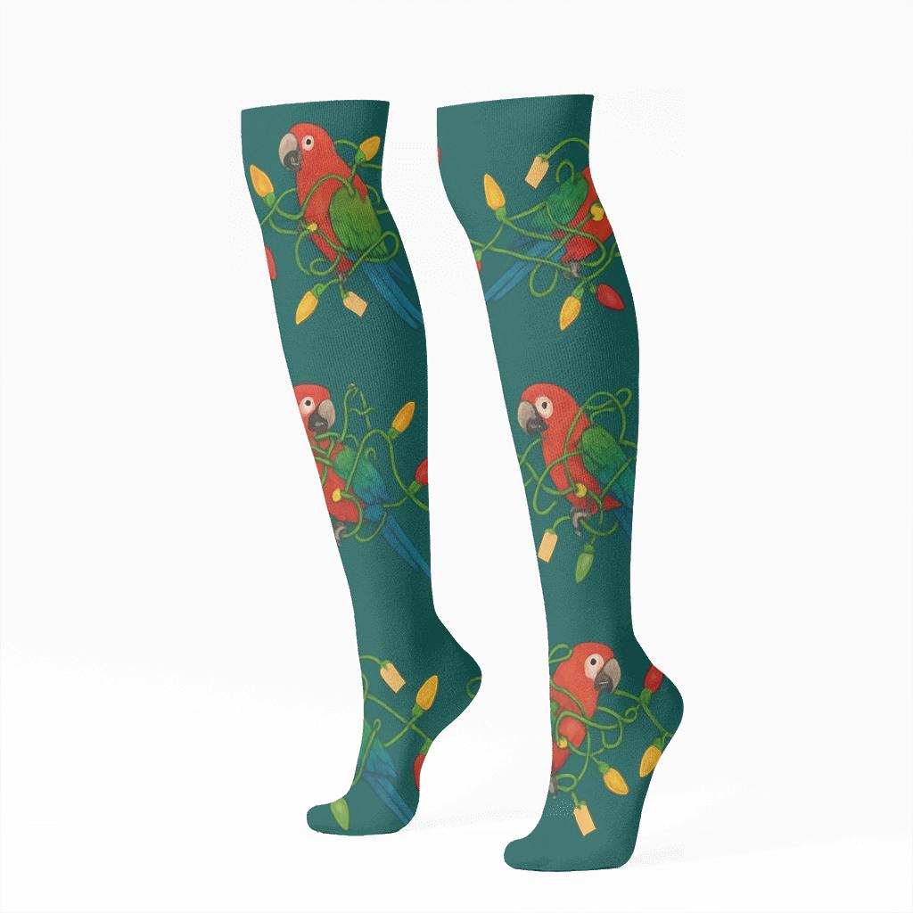 Parrot Christmas Lights Wave On Teal Background stylish athletic knee-high socks