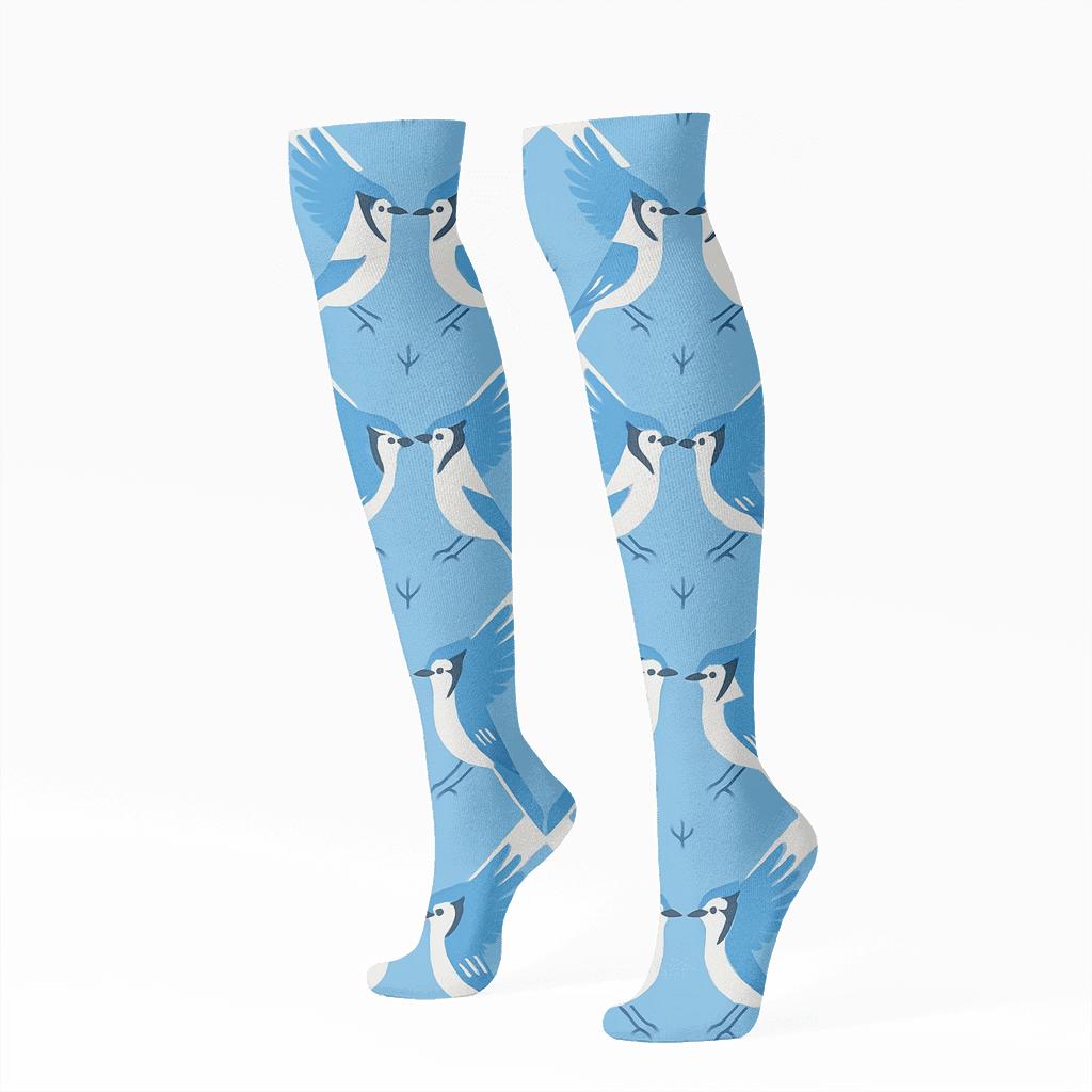 Blue Jay Flight Mirror Tiles On Sky Blue Background designer print knee-high socks