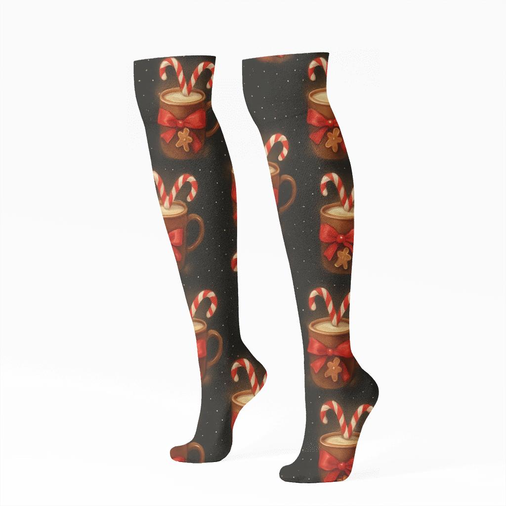 Candy Canes Snowy Vignette Tile Repeat designer print knee-high socks