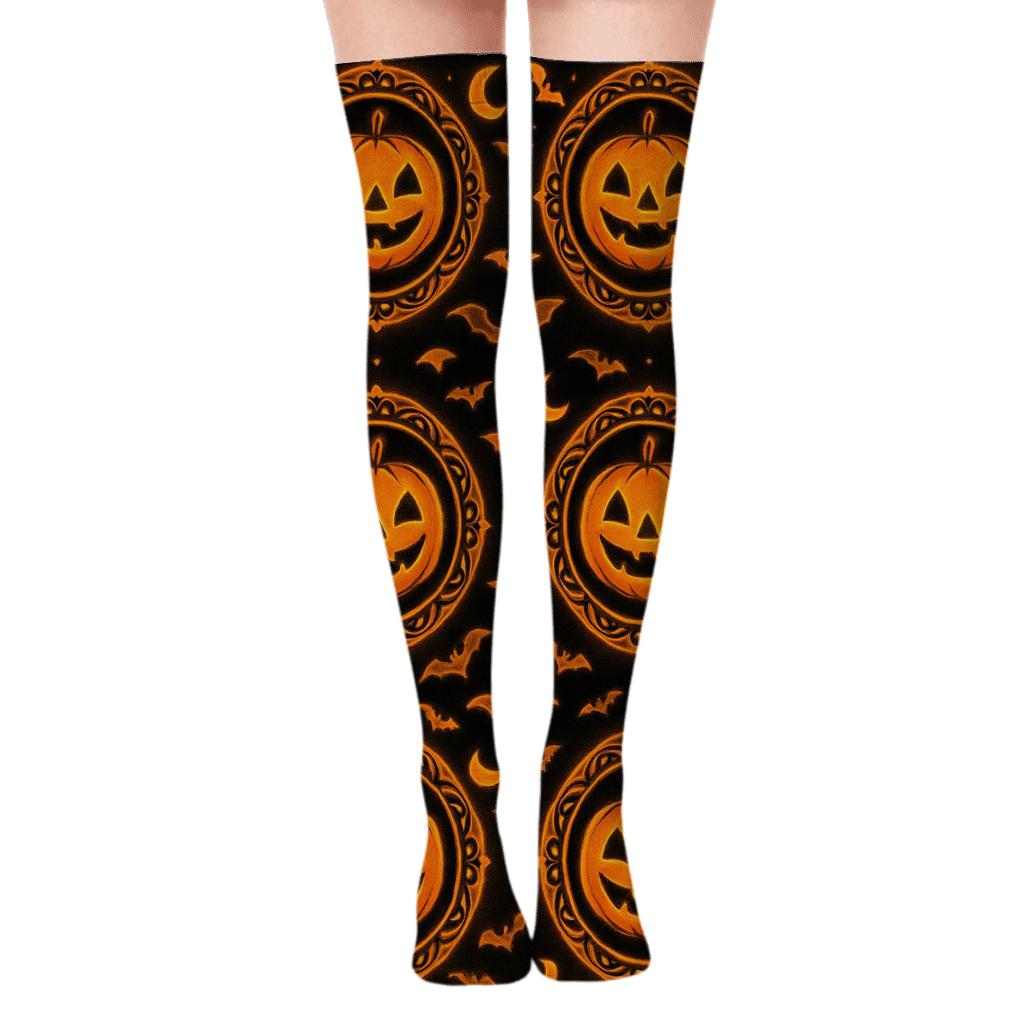 Glowing Orange Jack O Lantern Medallion Repeat On Black Background unique graphic over-the-knee socks