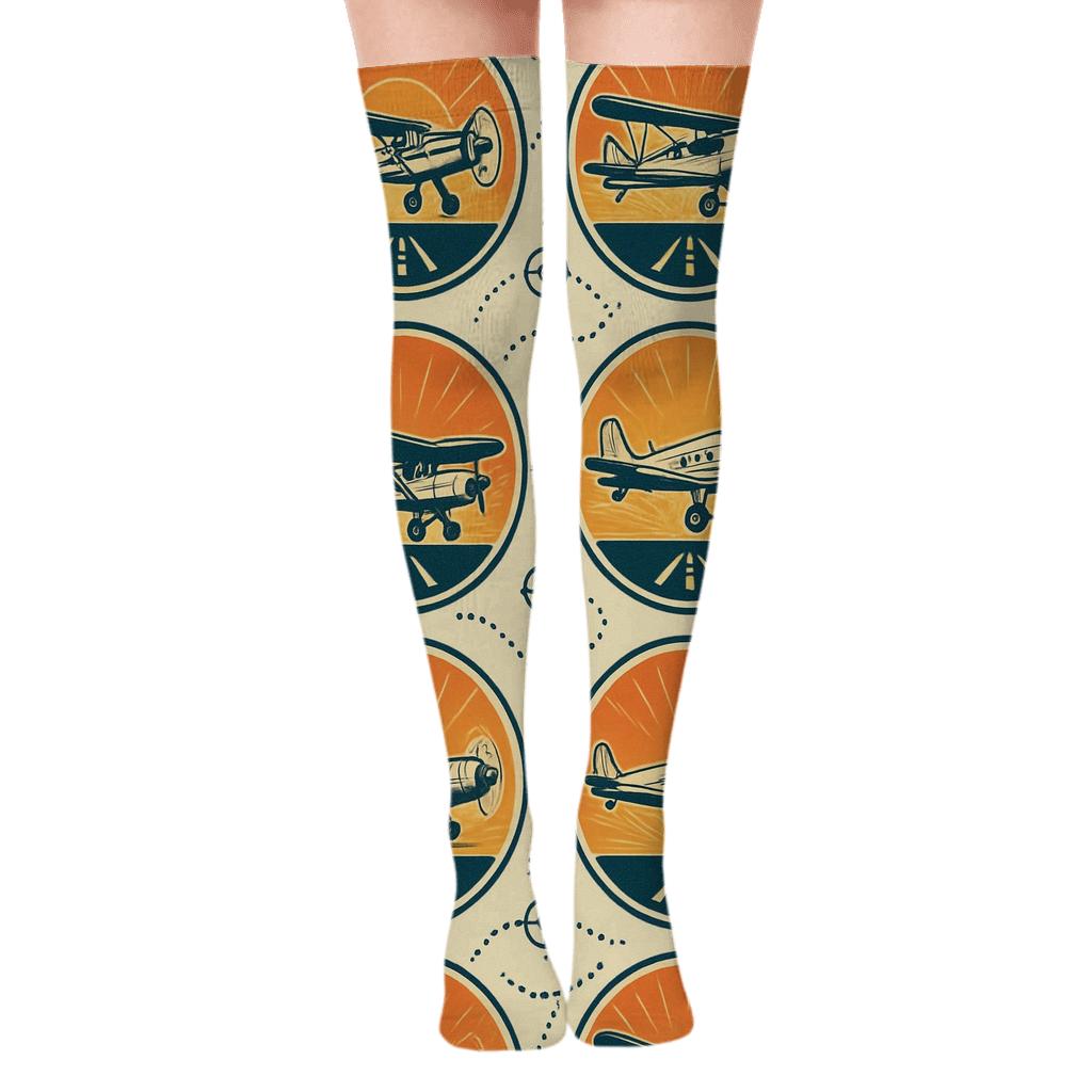 Vintage Poster Airplane Medallion Tiles unique graphic over-the-knee socks