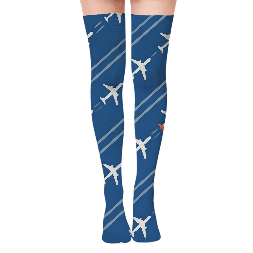Contrail Bands With Airplane Silhouette Rhythm designer print over-the-knee socks