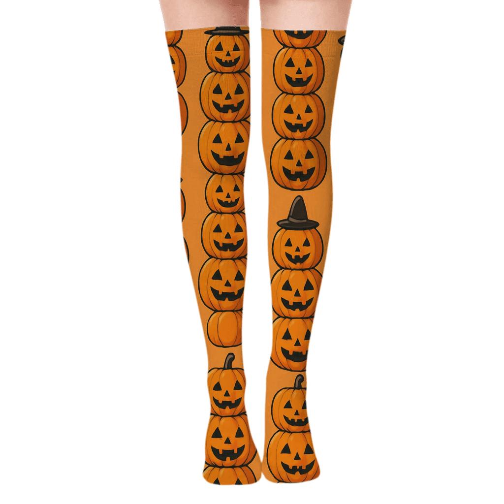 Pumpkin Stack Vertical Repeat On Orange Background stylish fashion over-the-knee socks