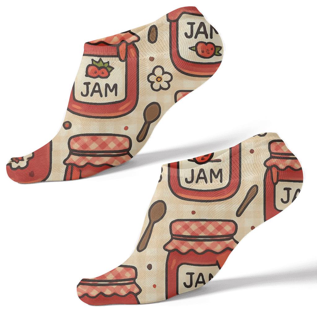 Strawberry Jam Jar Tile Parade On Cream Gingham Background soft everyday ankle socks