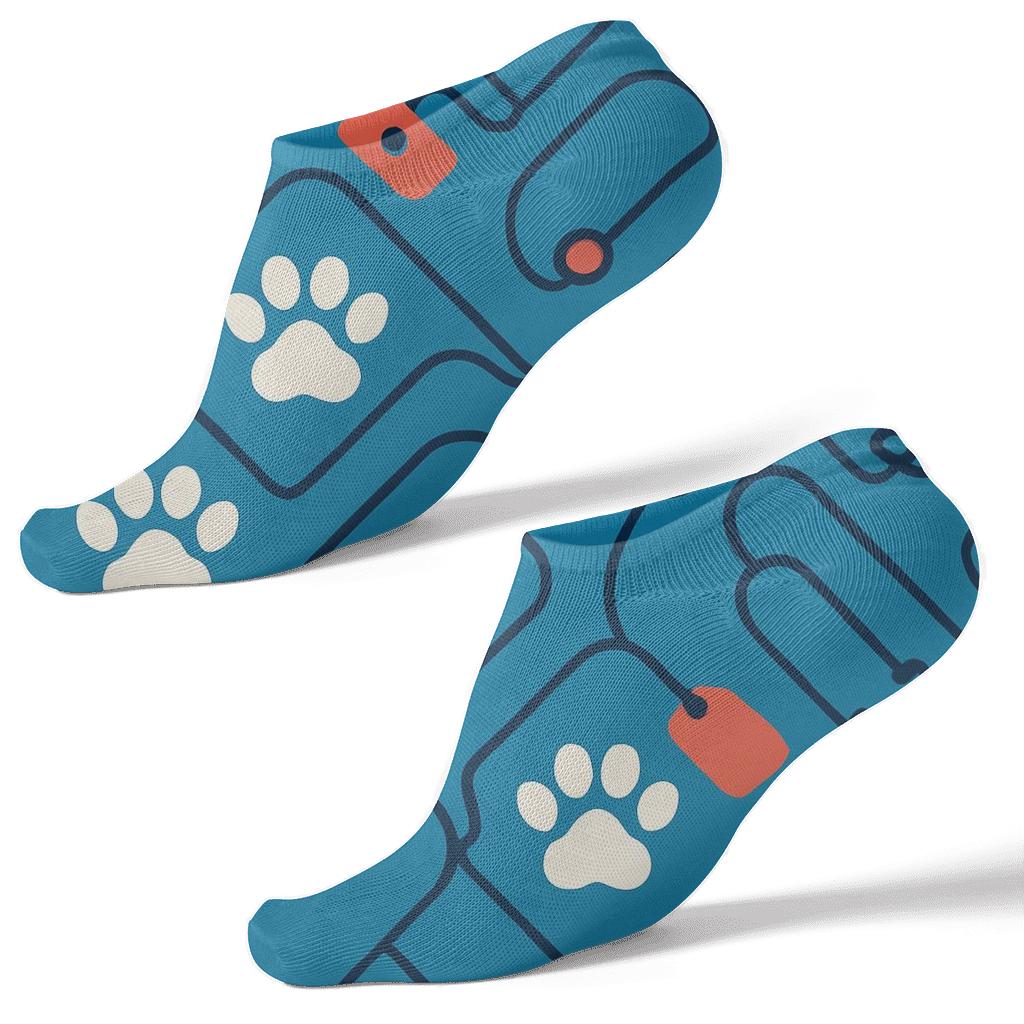 Paw Print Chevron On Pet Blue Background, Veterinarian Edition custom ankle socks