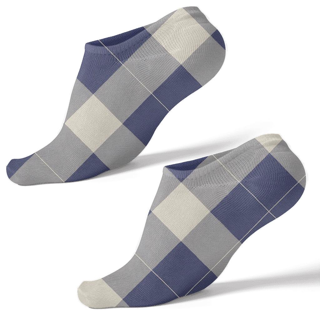 Indigo Diagonal Diamond Check With Micro Herringbone Tiles On Warm Gray personalized ankle socks