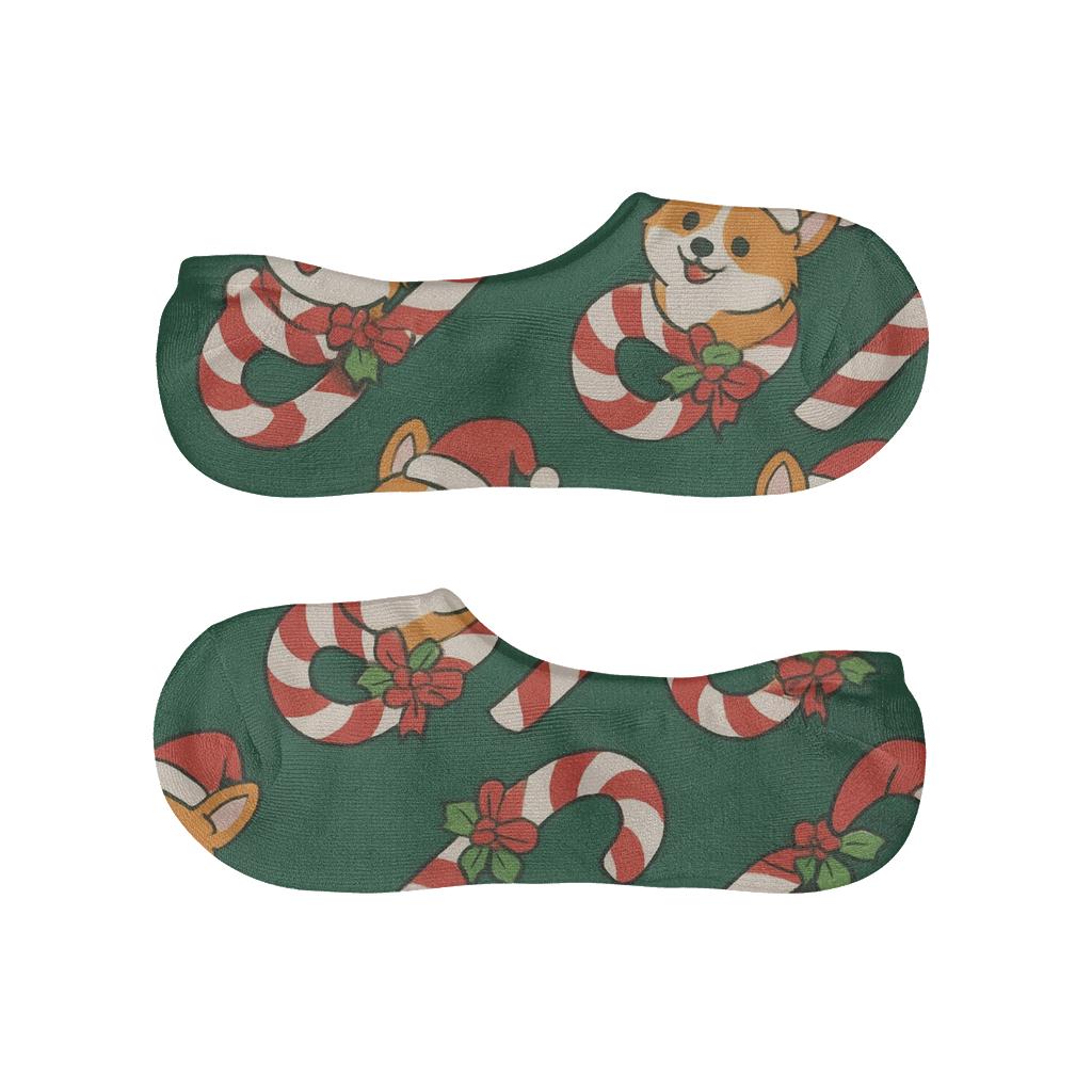 Candy Cane Corgi Diagonal Wrap On Pine Green Background unique hidden socks