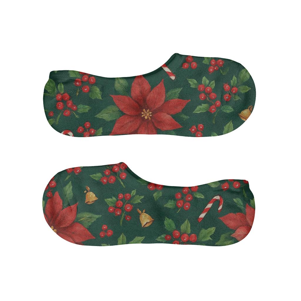 Poinsettia Candy Cane Lattice On Midnight Green Background designer print no-show socks