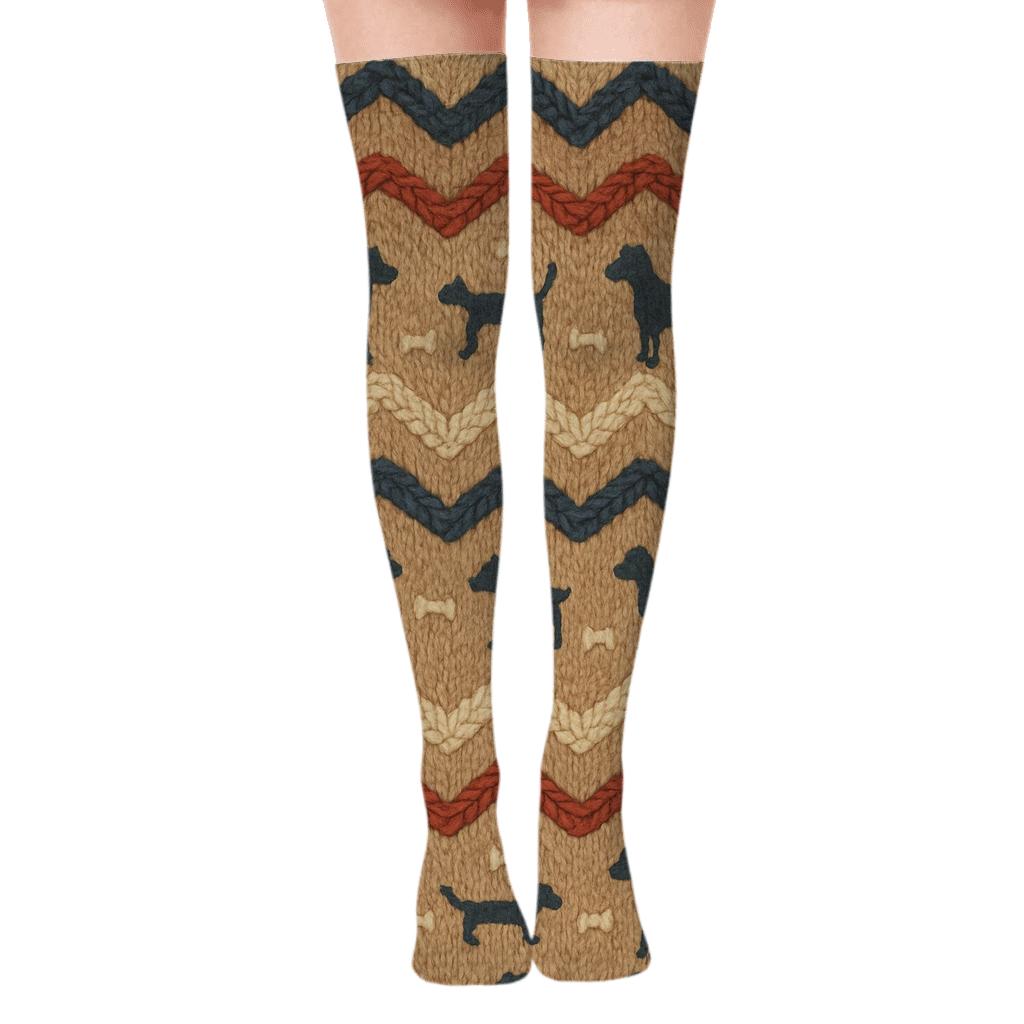 Leash Band Pattern With Dog Icons premium cozy over-the-knee socks