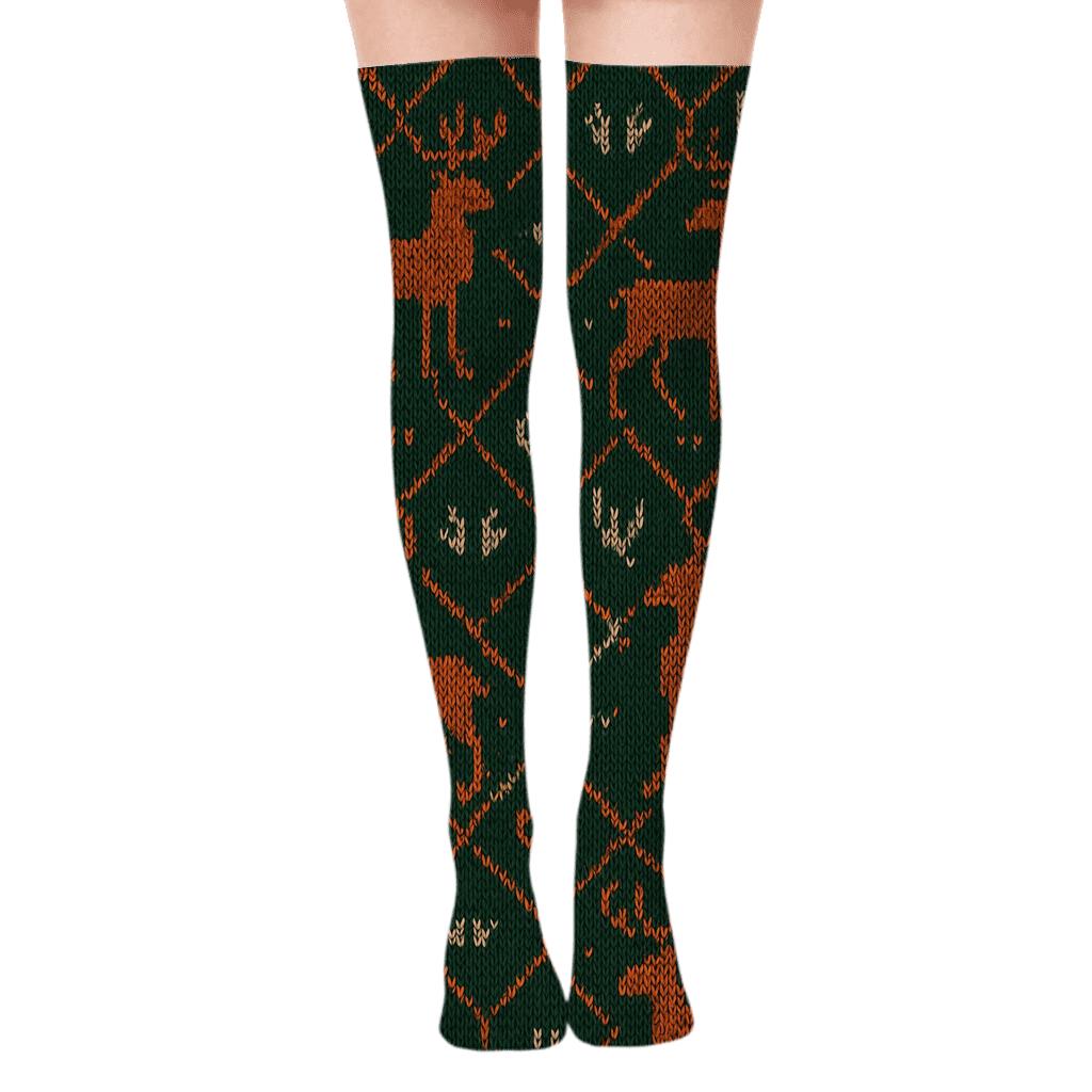 Knitted Winter Geometry Deer Pattern designer print over-the-knee socks