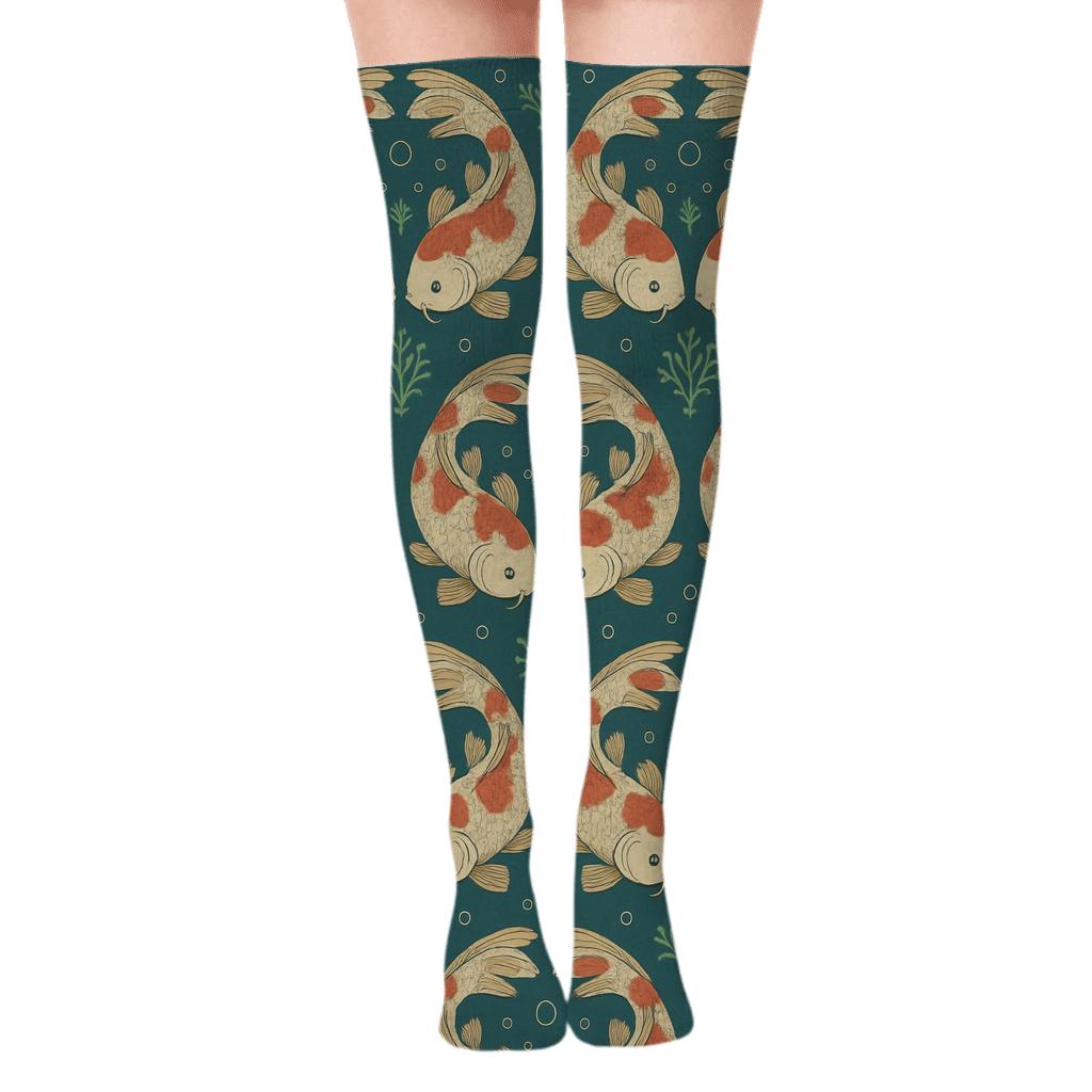 Mirrored Koi Pair Pattern With Fish Accents premium cozy over-the-knee socks