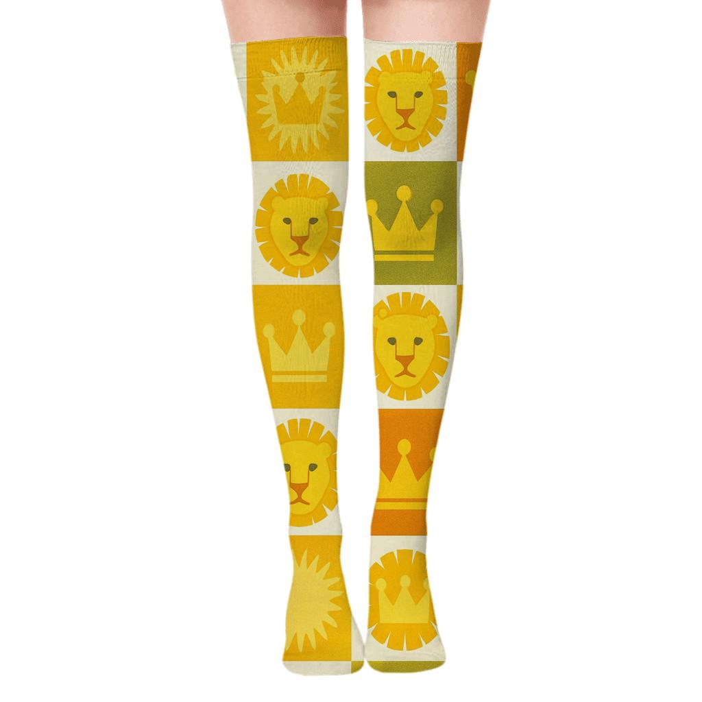 Savanna Sunburst Tiles With Lion Crowns designer print over-the-knee socks