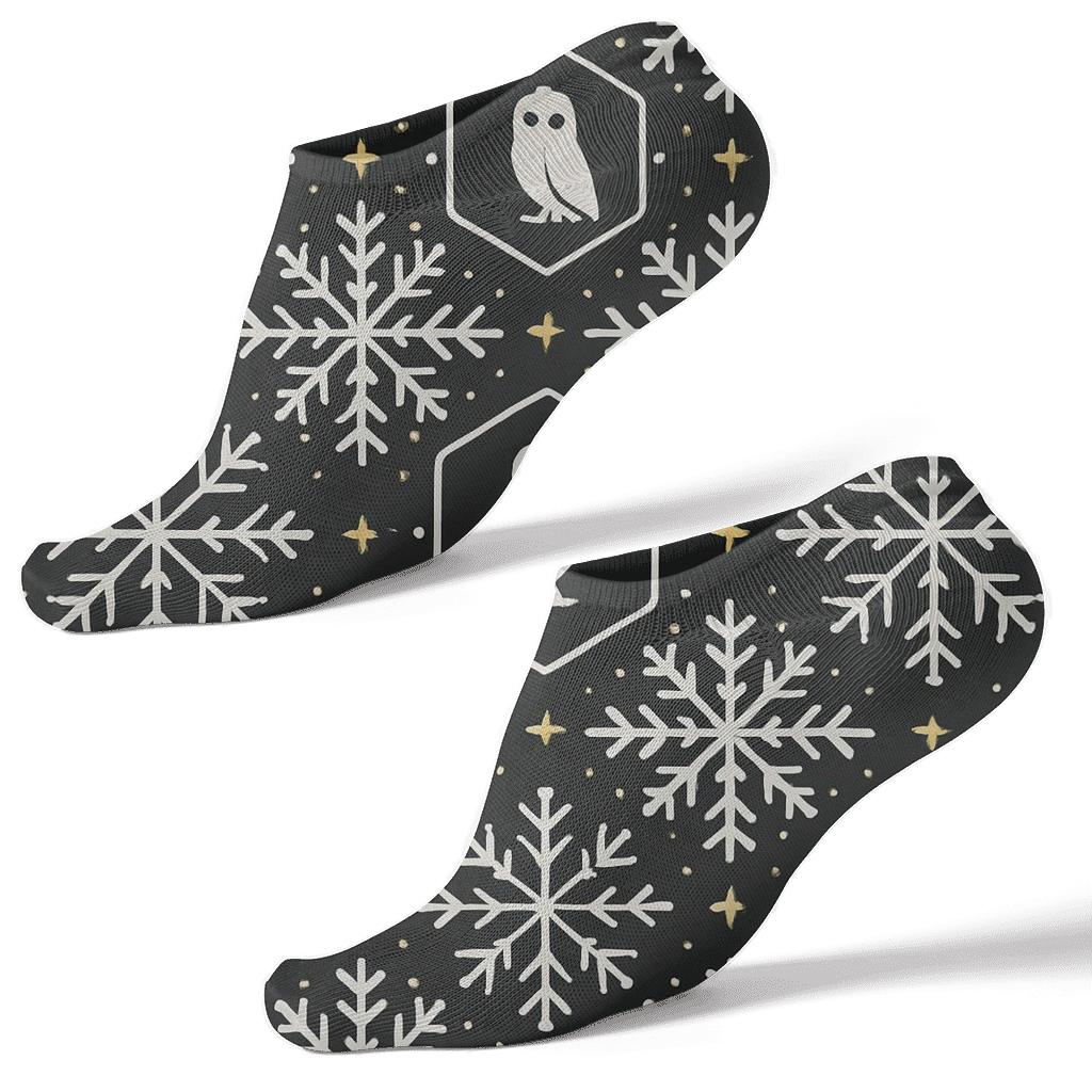 Snowflake Owl Lattice On Midnight Black Background designer print ankle socks