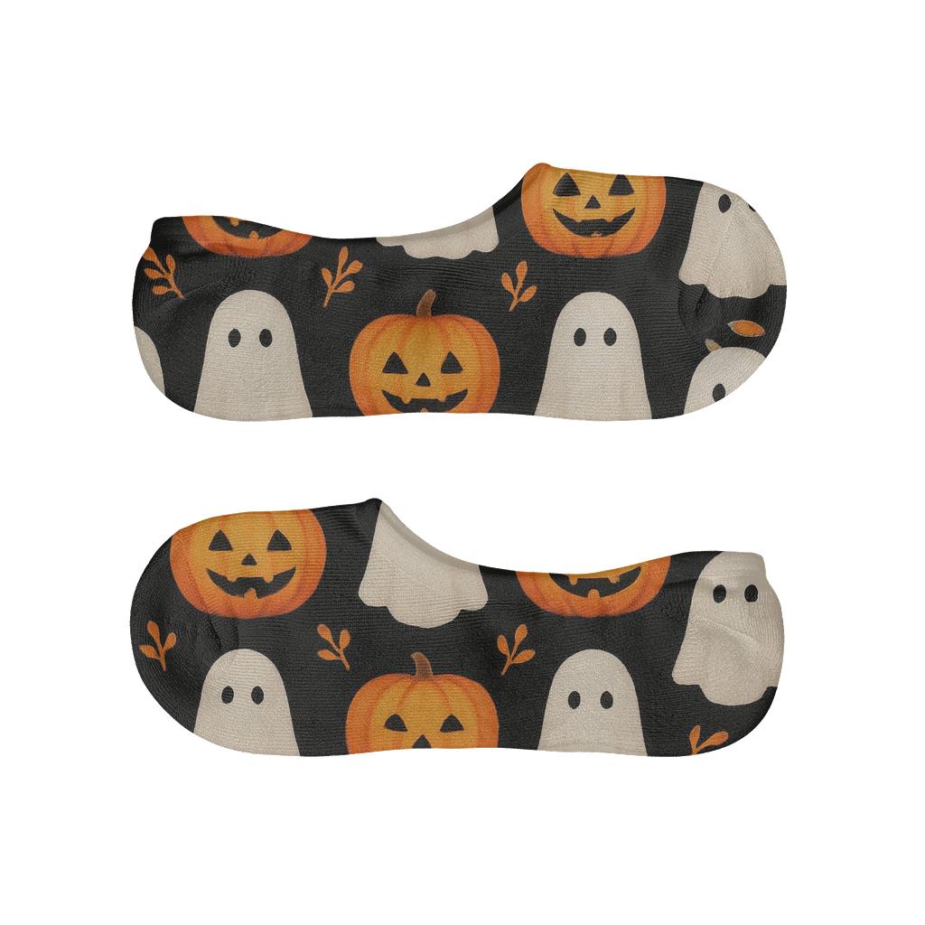Pumpkin And Ghost Alternating Checker On Black Background comfortable low-cut socks