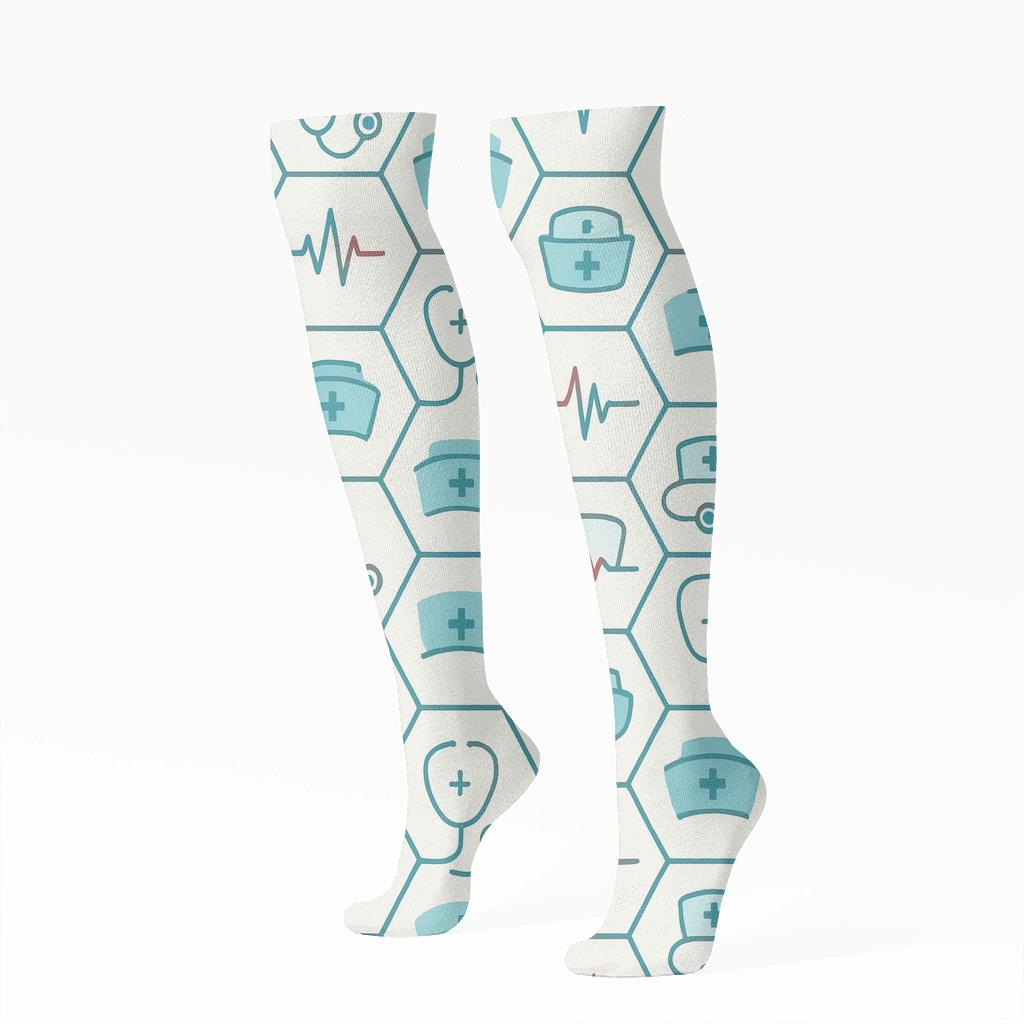 Heartbeat Lattice With Nurse Icons designer print knee-high socks