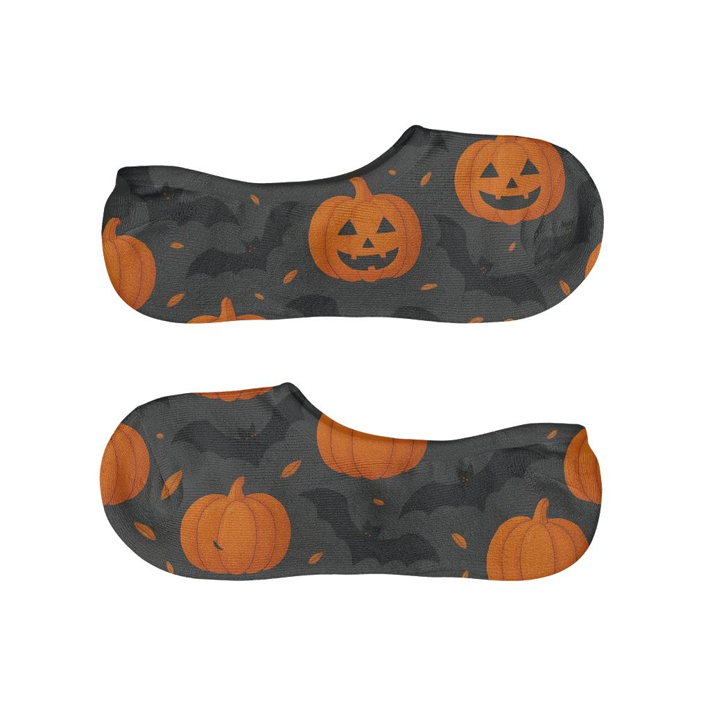 Bats And Pumpkins Scattered Rhythm On Proper Dark Charcoal Background low cut no-show socks
