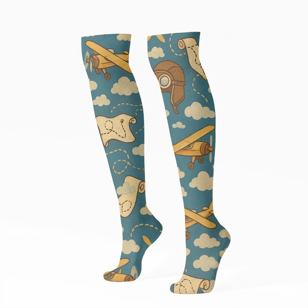 Vintage Airplane Tile Grid With Pilot Flair trendy patterned knee-high socks