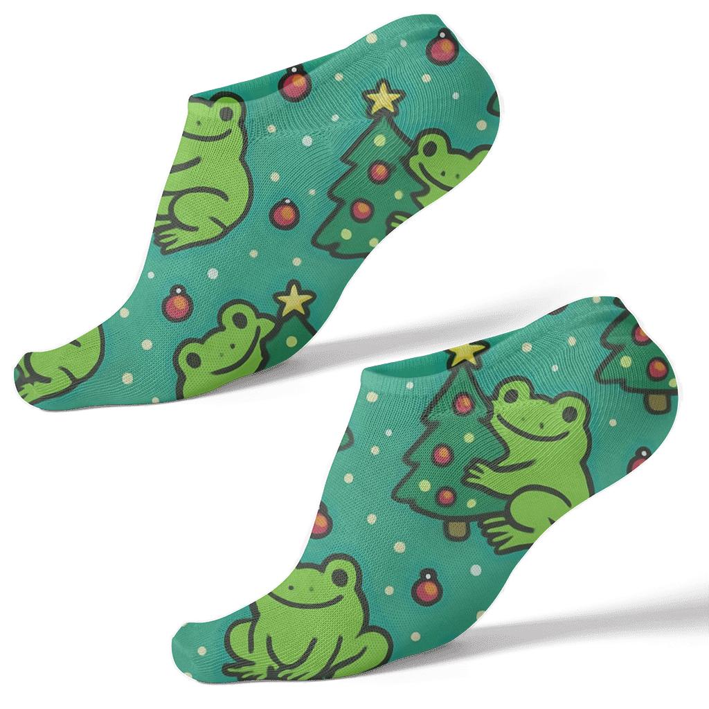 Christmas Tree Frog Polka Dot Repeat On Teal Background stylish athletic ankle socks