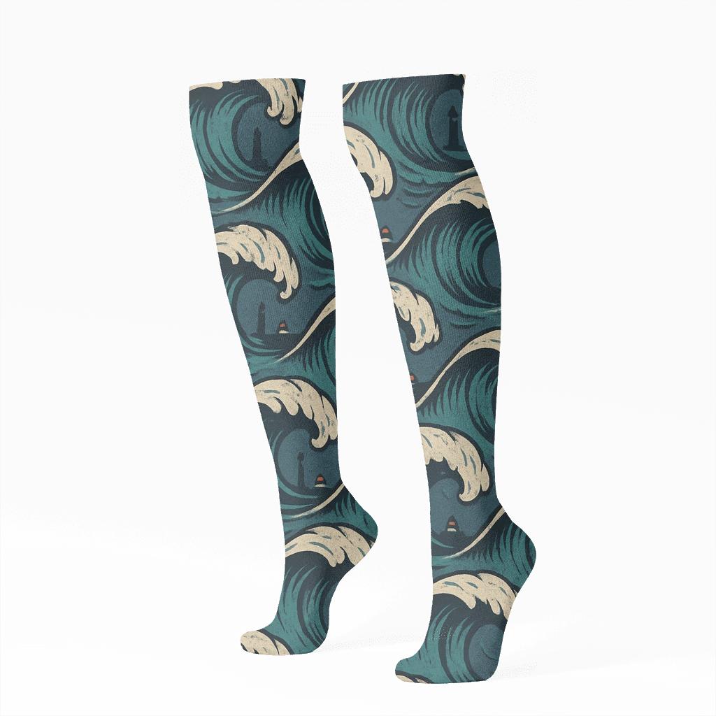 Vintage Nautical Poster Swell Tiles With Lighthouse And Buoy Icons personalized knee-high socks