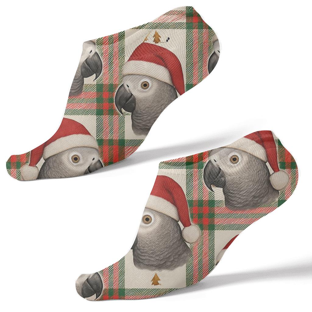 Parrot Santa Hat Plaid Grid On Ivory Background trendy patterned ankle socks