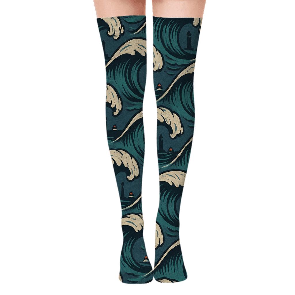 Vintage Nautical Poster Swell Tiles With Lighthouse And Buoy Icons trendy patterned over-the-knee socks