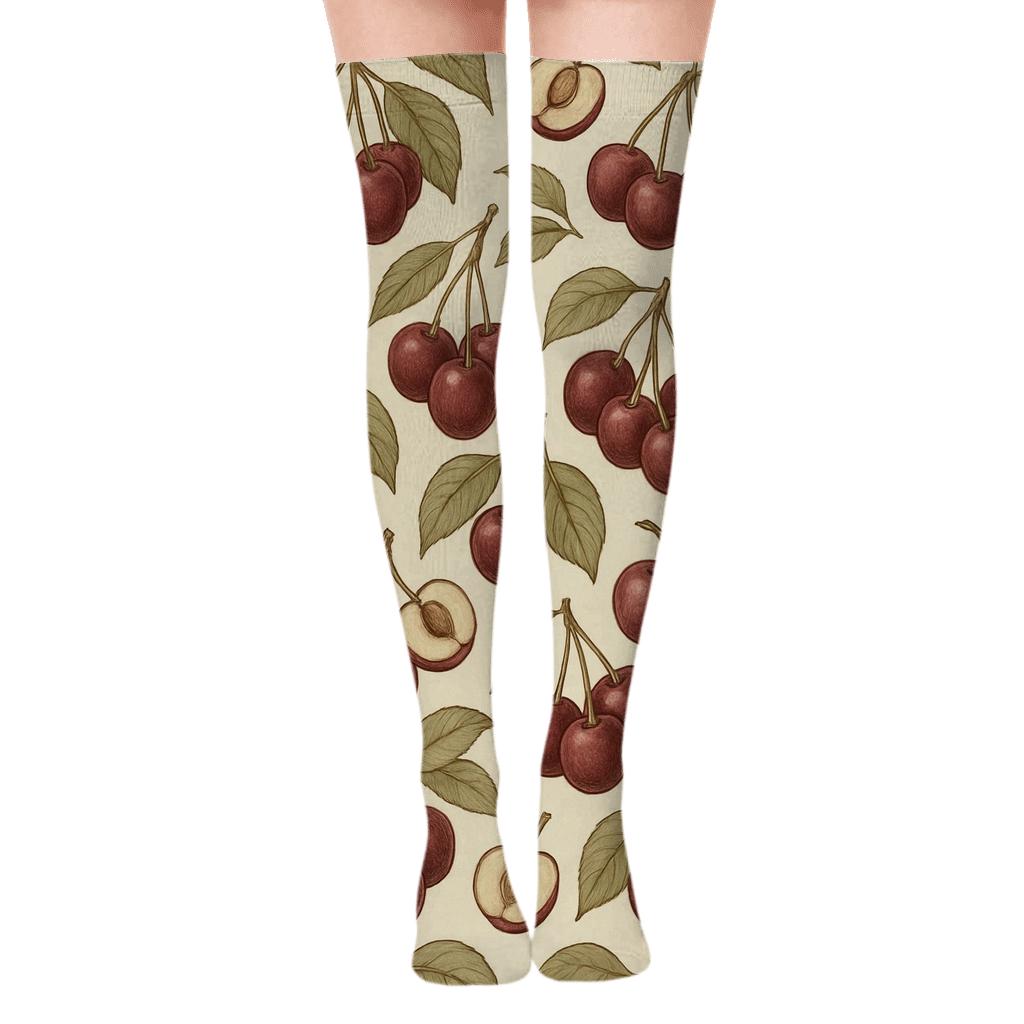 Vintage Botanical Poster Repeat With Cherry Clusters designer print over-the-knee socks