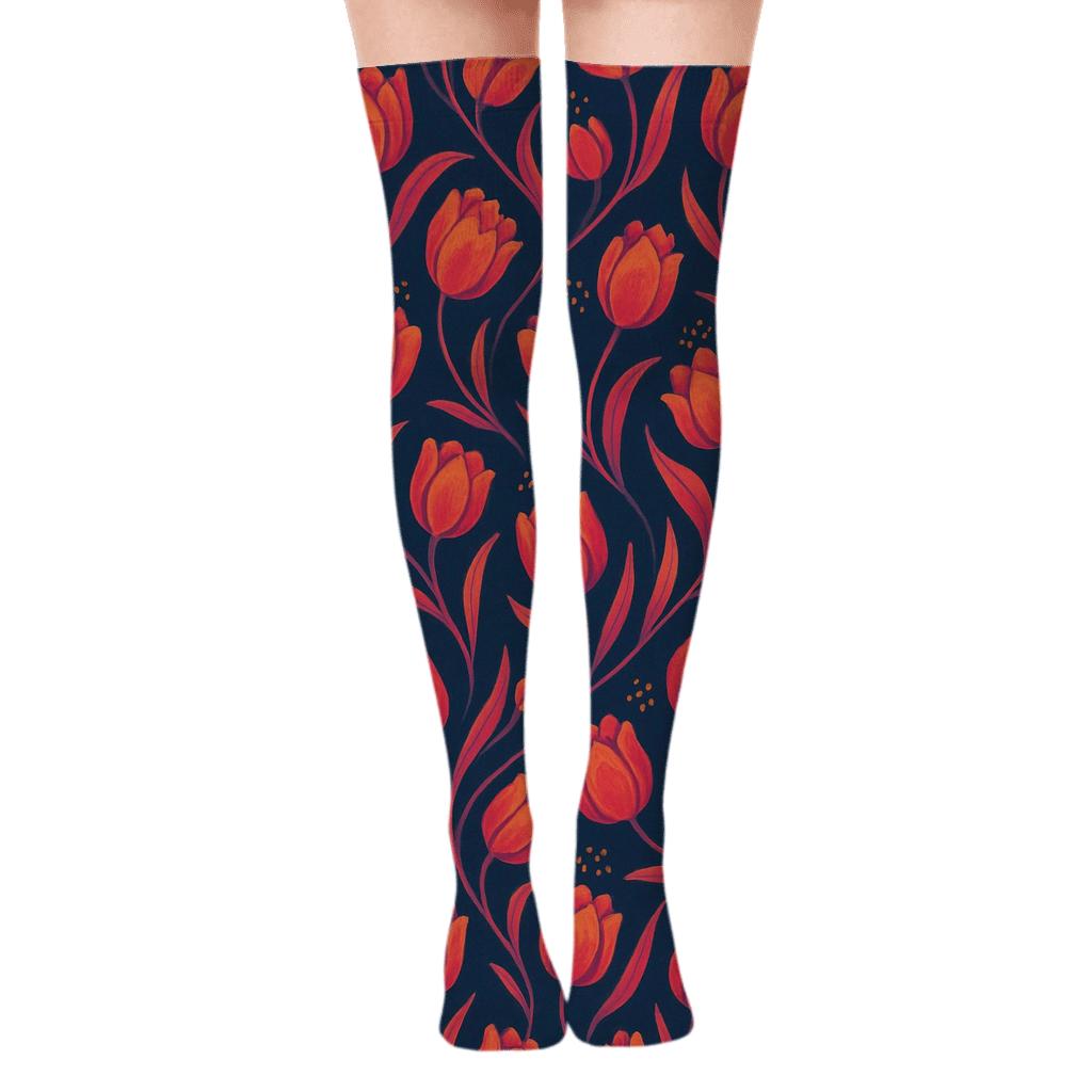 Sunset Tulip Wave Lattice On Deep Navy Background custom over-the-knee socks