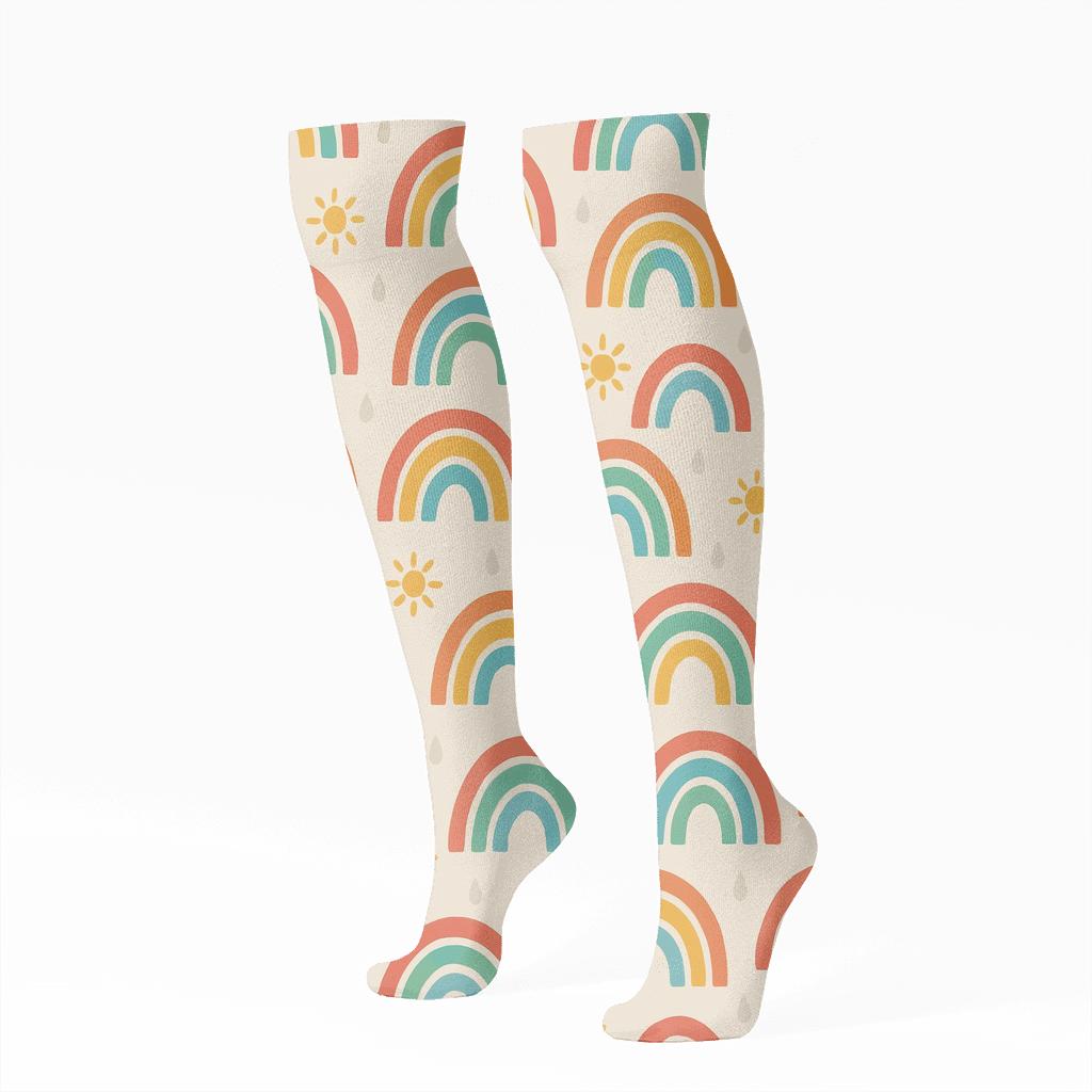 Minimal Rainbow Arc Tile With Sunbeam Dots On Warm Ivory custom knee-high socks