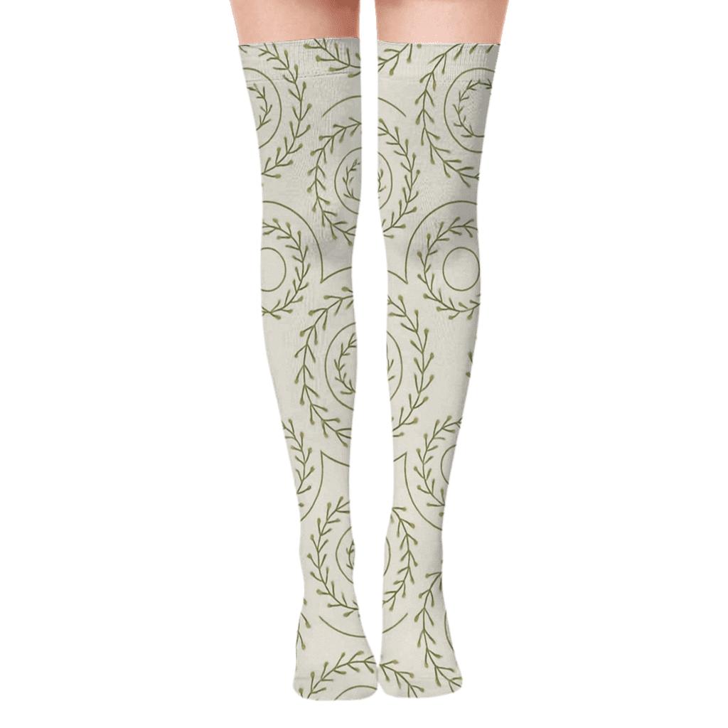 Concentric Olive Rings With Wreath Minimal Lines designer print over-the-knee socks