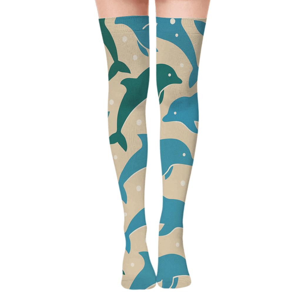 Nautical Wave Bands With Dolphin Silhouettes trendy patterned over-the-knee socks